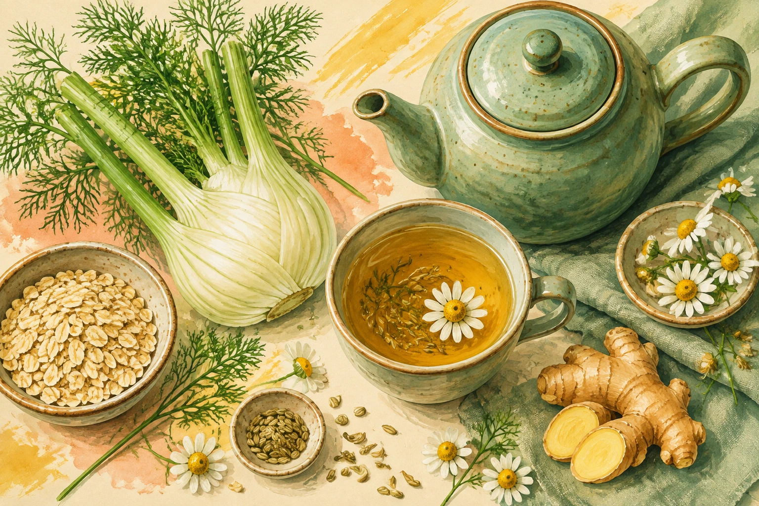 Gemalte Szene mit Fenchel, Kamille, Ingwer, Haferflocken und einer Tasse Kräutertee