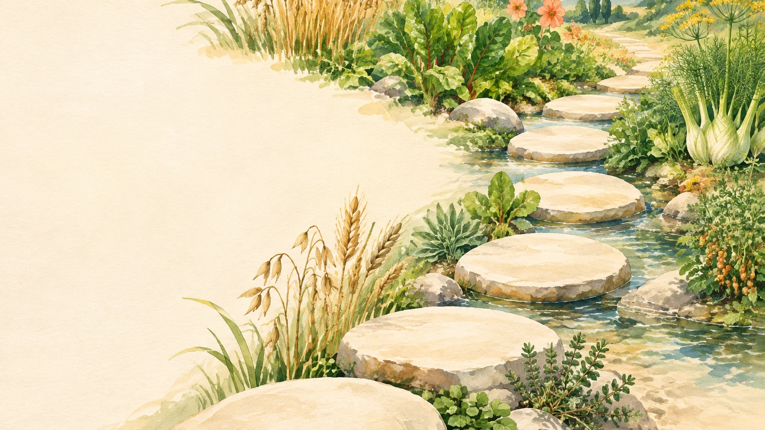 Painted pale stepping stones leading through a meadow with grain, fennel and herbs