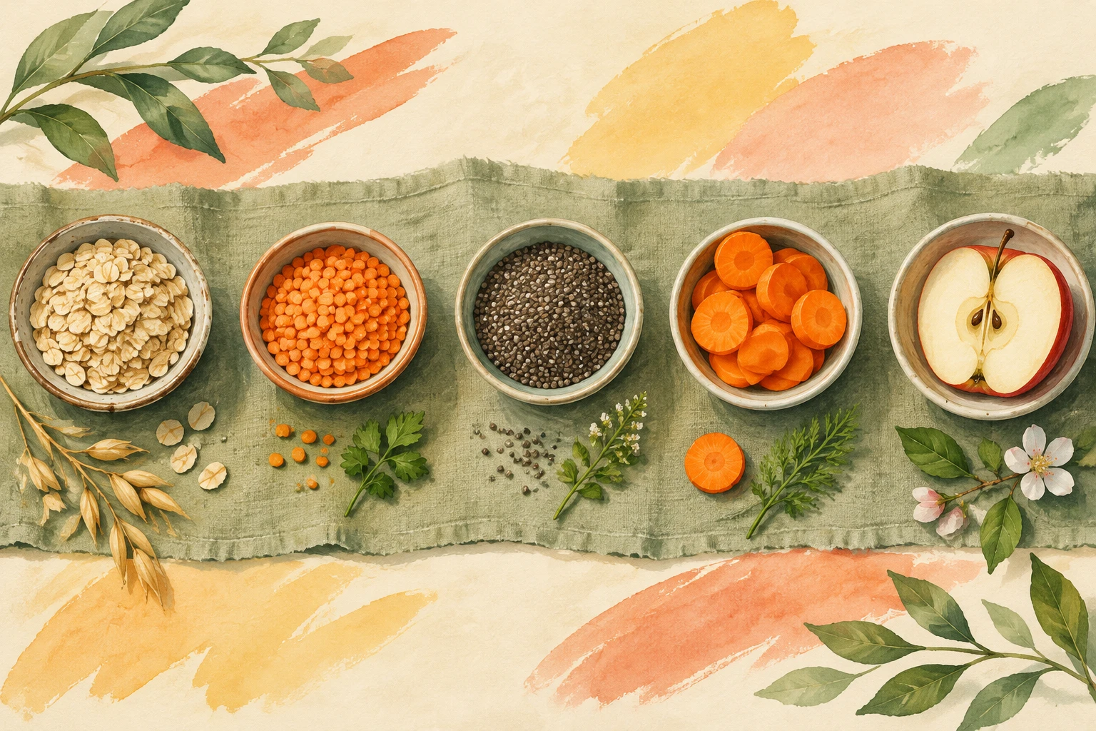 Five small bowls, each holding a single ingredient: oats, lentils, chia seeds, carrot and apple