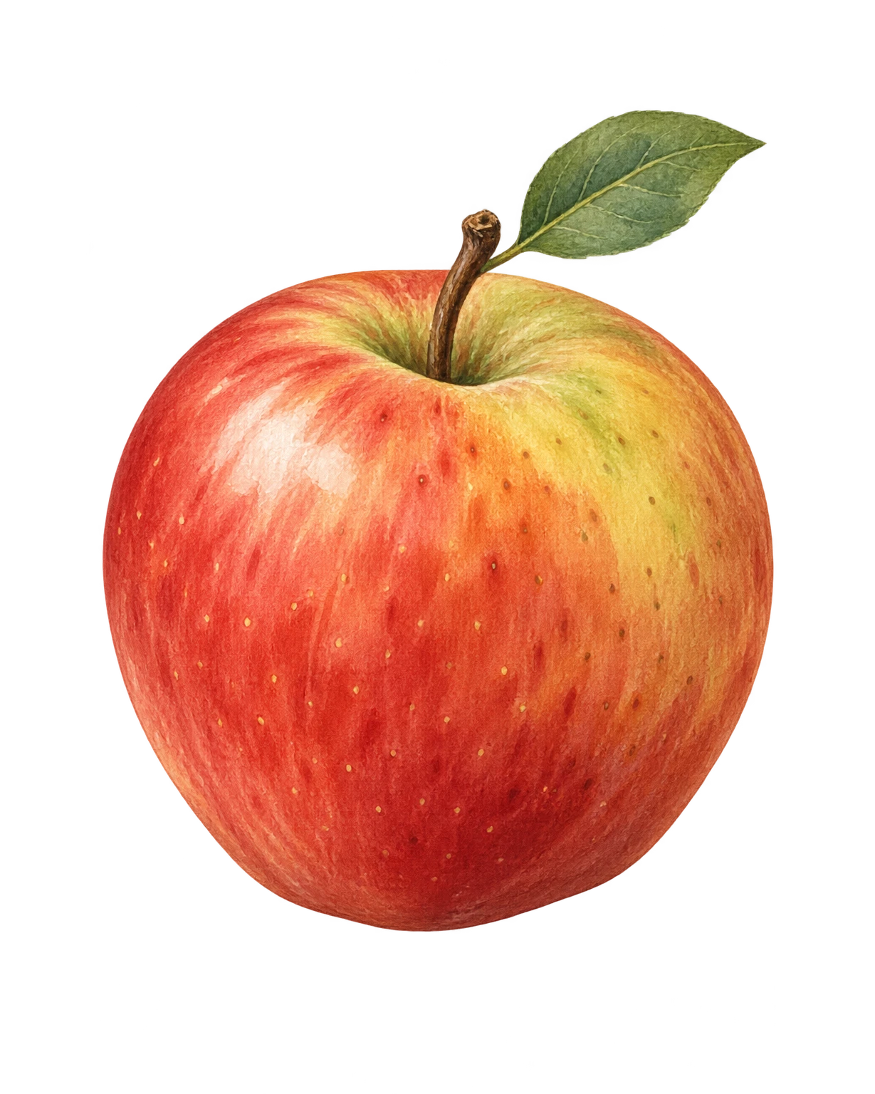 Hand-painted illustration of a red apple with a stem and green leaf.
