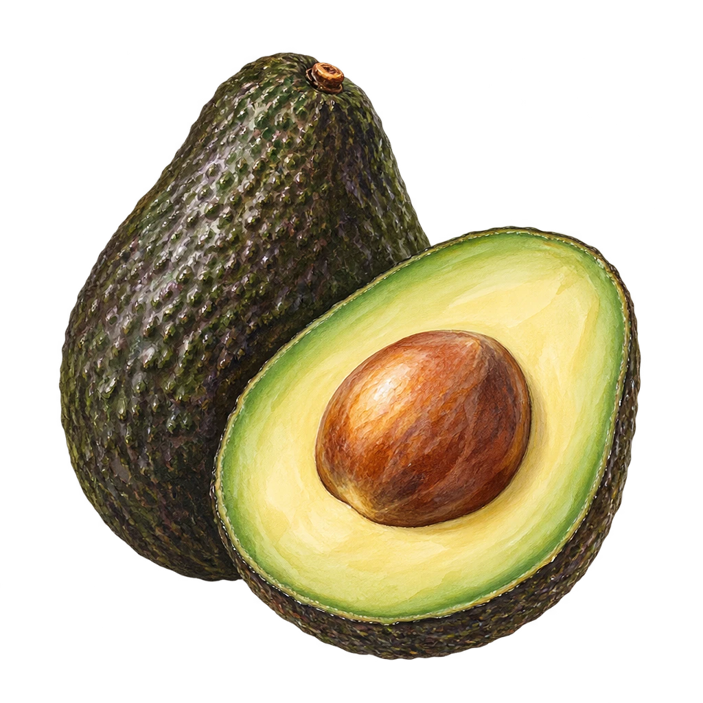 Handgemalte Illustration einer ganzen Avocado neben einer Avocadohälfte mit Kern.