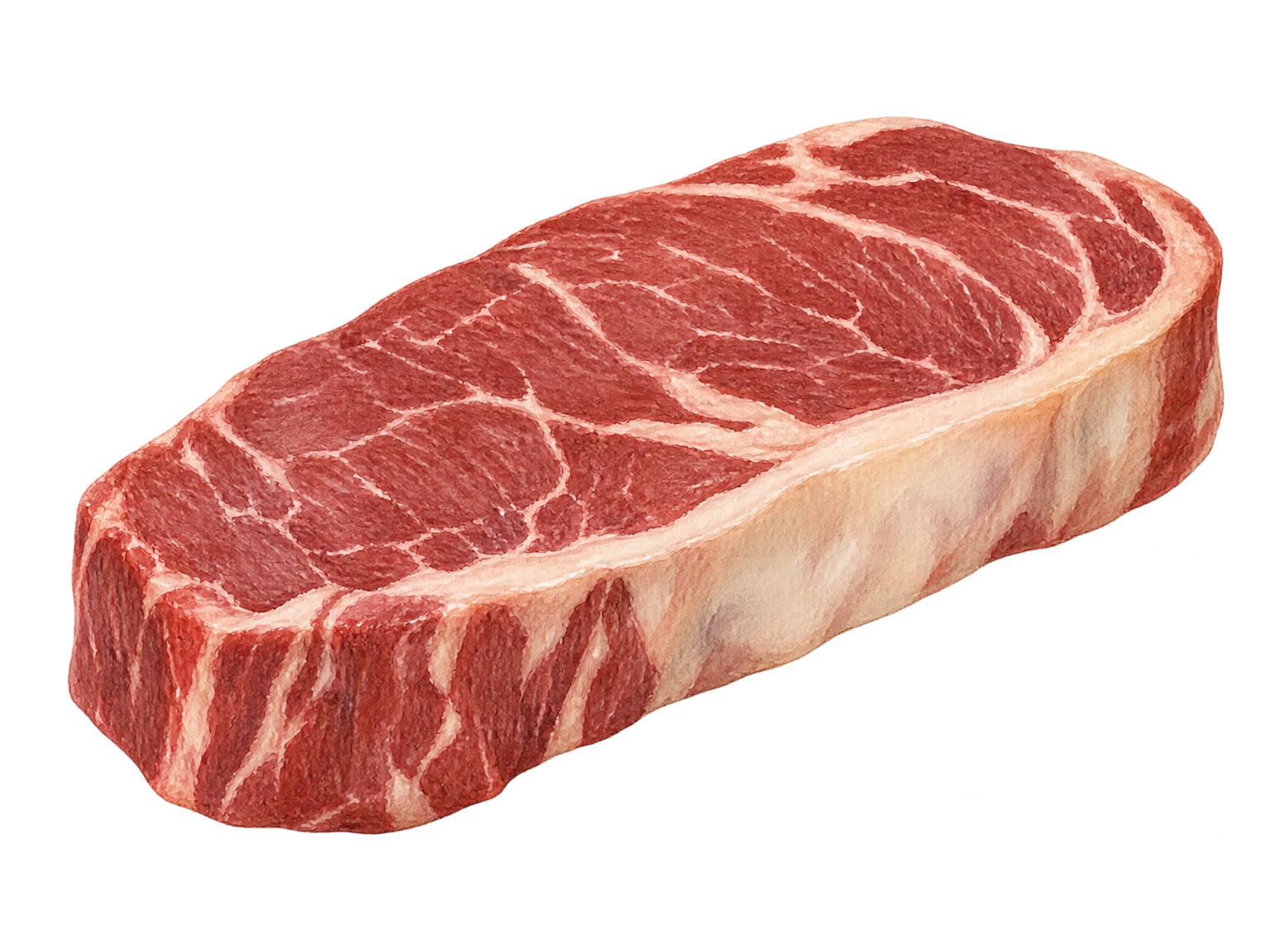 Hand-painted illustration of a raw beef steak with fine marbling.