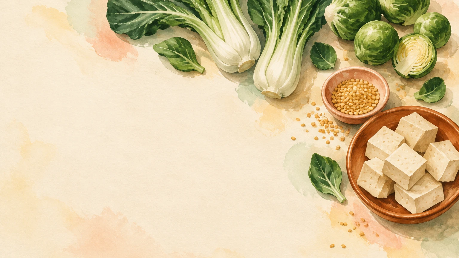 Hand-painted illustration of bok choy, Brussels sprouts, tofu cubes and sesame seeds.