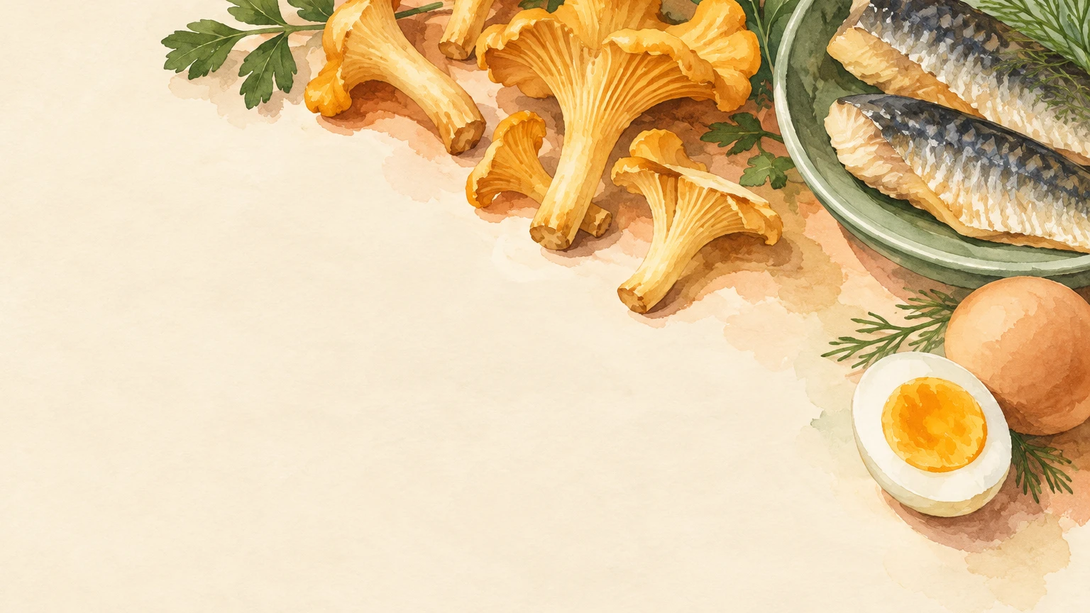 Hand-painted illustration of chanterelle mushrooms, smoked herring fillets and eggs on cream paper.