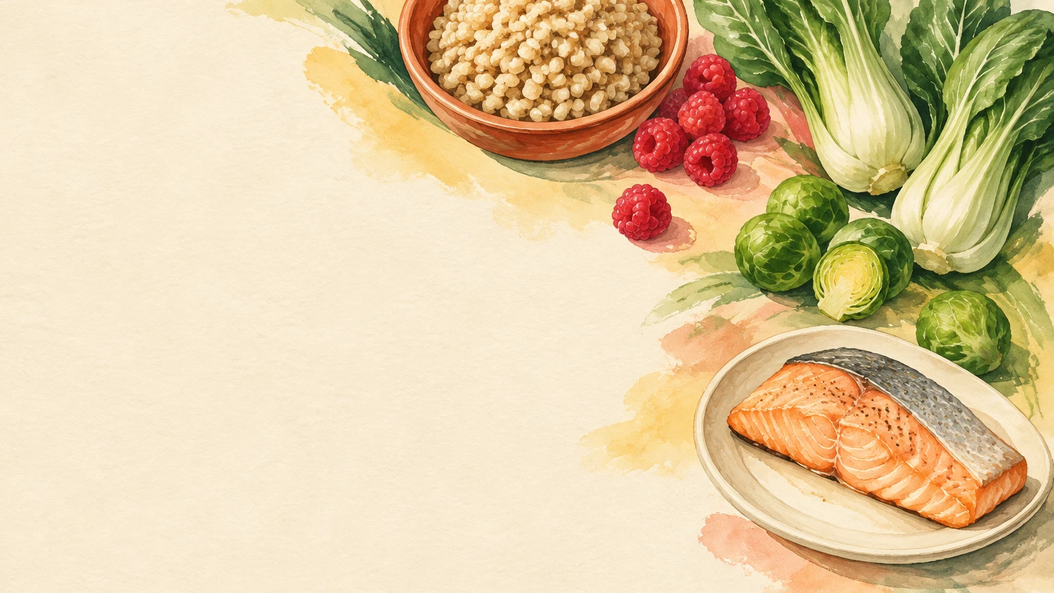 Hand-painted illustration of cooked barley, bok choy, Brussels sprouts, trout fillet and raspberries.