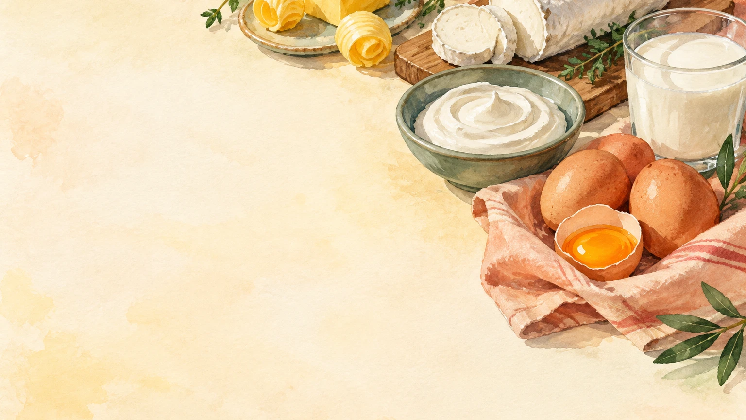 Illustrazione dipinta a mano di formaggio di capra, crème fraîche, kefir, burro e uova.