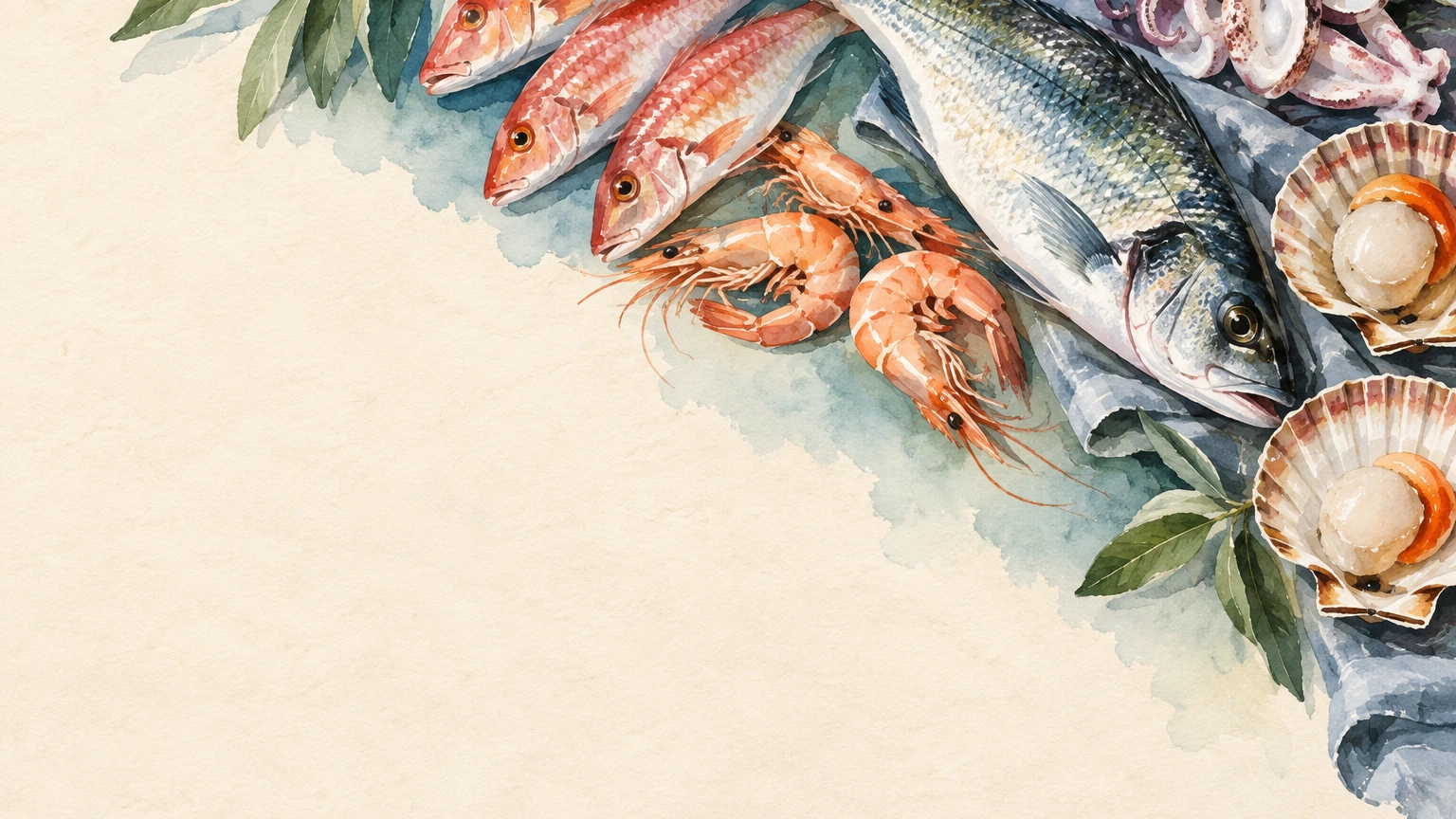 Illustrazione dipinta a mano di branzino, triglie, gamberi, capesante e calamari.