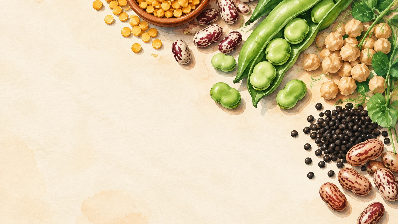 Hand-painted illustration of fava beans, yellow split peas, borlotti beans, chickpeas and black lentils.