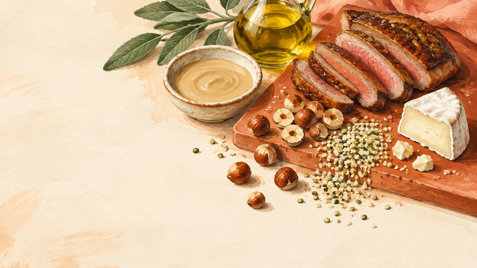 Illustrazione dipinta a mano di petto d’anatra, formaggio di capra, nocciole, semi di canapa, tahina e olio d’oliva.