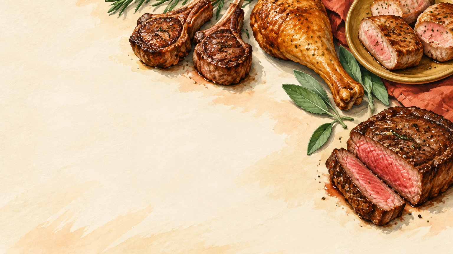 Hand-painted illustration of lamb chops, a turkey drumstick, beef steak and pork tenderloin medallions.