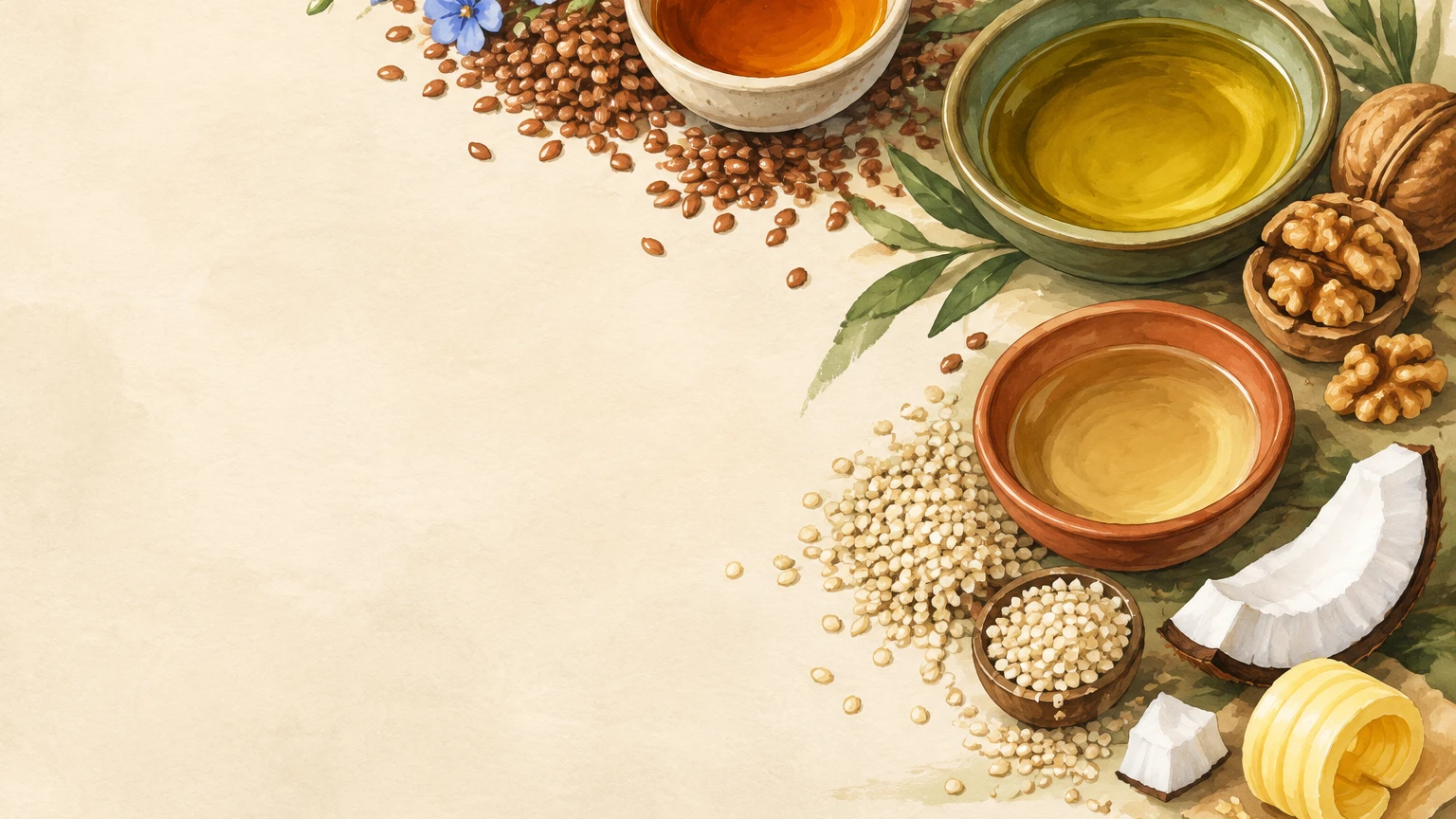 Hand-painted illustration of walnut oil, flaxseed oil, sesame oil, coconut and butter.