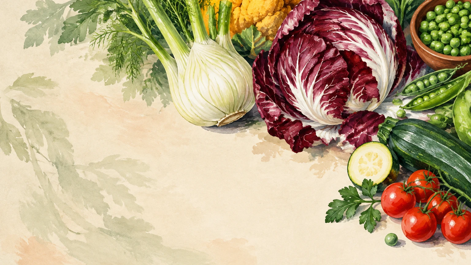 Illustrazione dipinta a mano di radicchio, finocchio, cavolfiore, zucchina, pomodori e piselli.