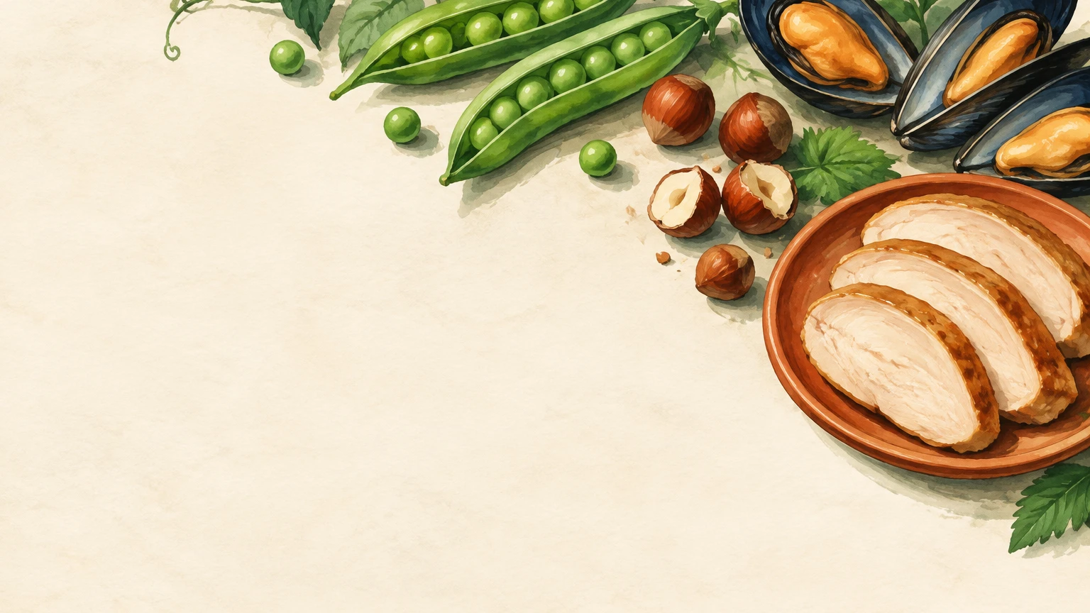Hand-painted illustration of pea pods, mussels, roasted turkey slices and hazelnuts.