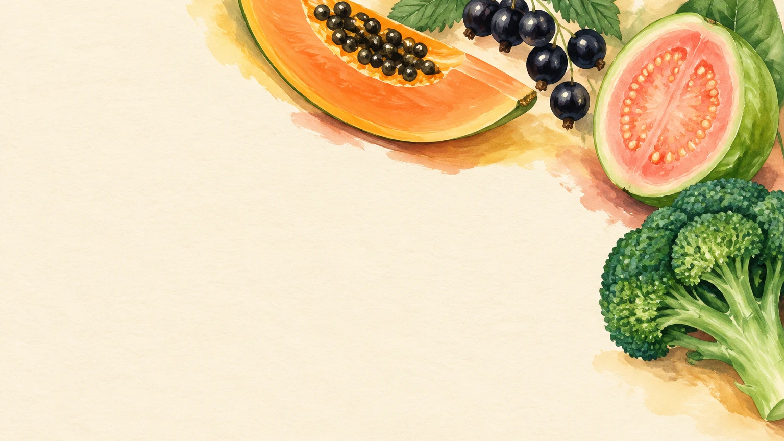 Hand-painted illustration of papaya, a halved guava, blackcurrants and broccoli.