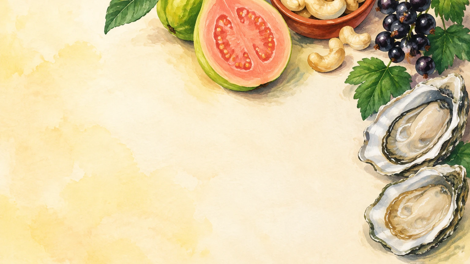 Hand-painted illustration of guava, blackcurrants, cashews and open oysters.
