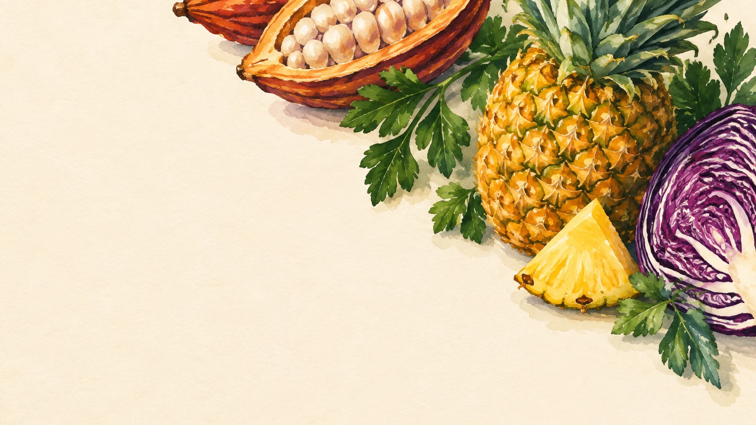 Handgemalte Illustration von Ananas, Kakaoschote, Petersilie und Rotkohl.