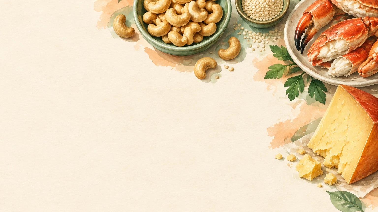Hand-painted illustration of cashews, cooked crab claws, aged Gouda and sesame seeds.