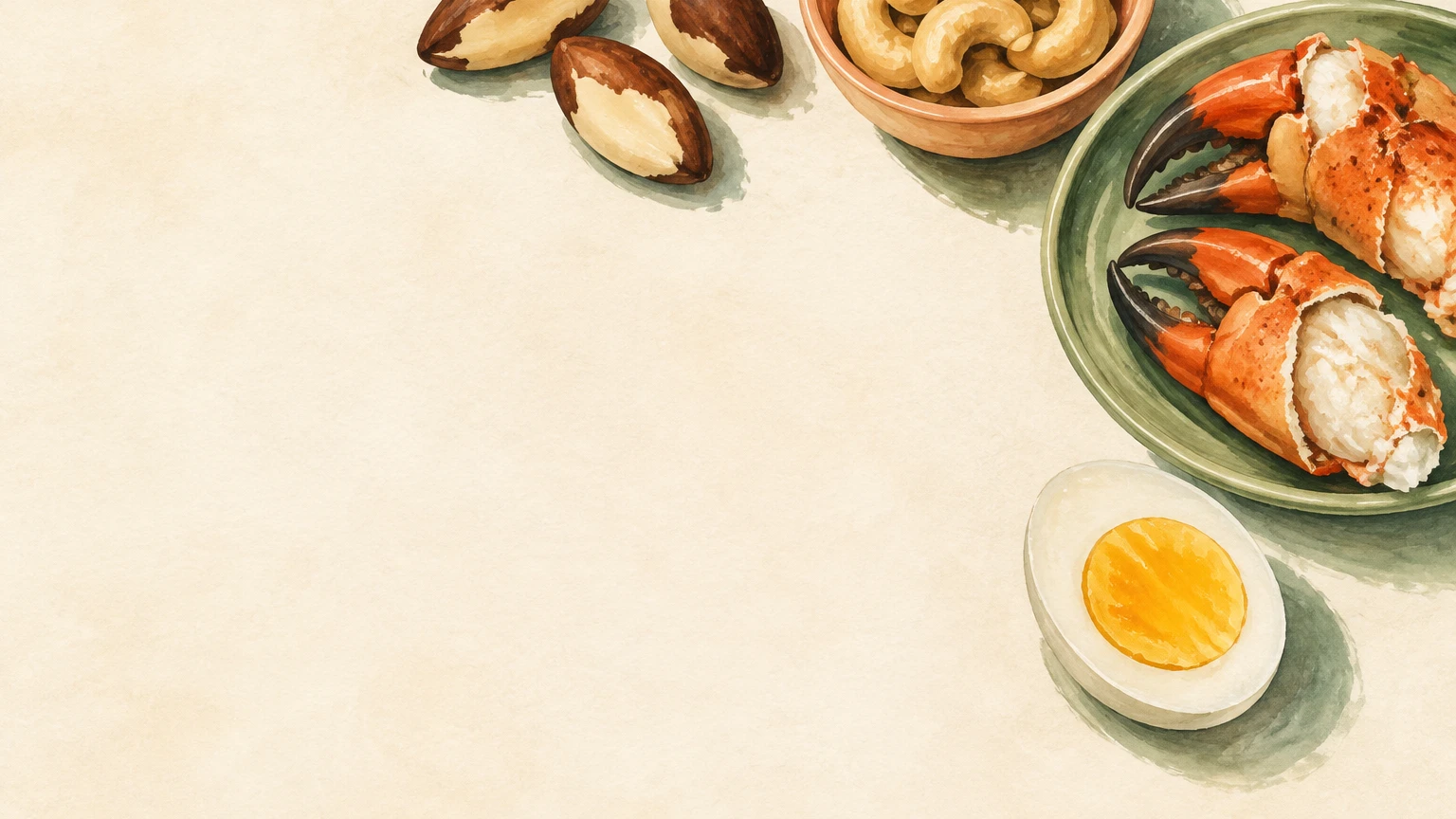 Hand-painted illustration of Brazil nuts, cashews, cooked crab claws and a halved egg.