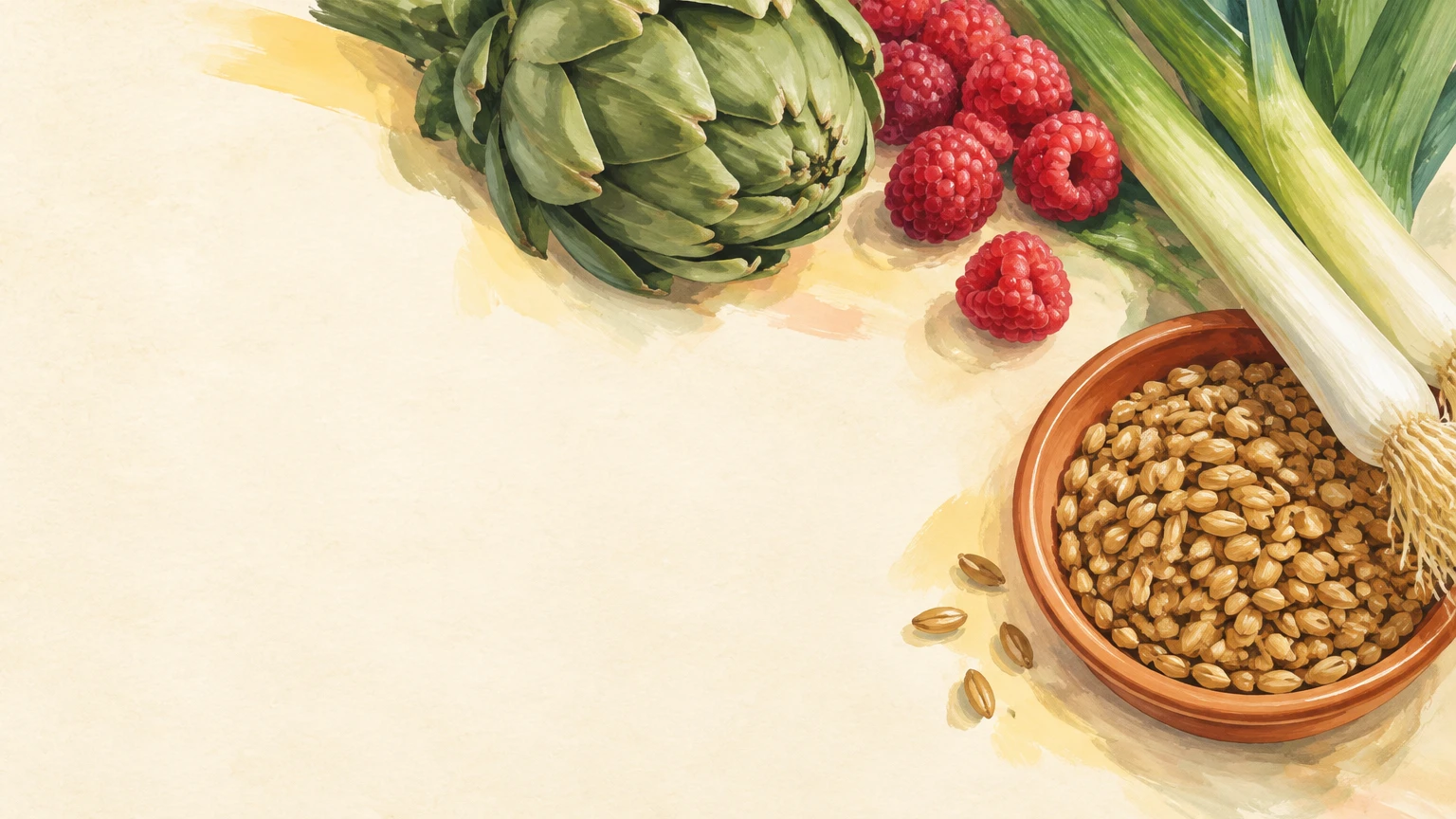 Handgemalte Illustration von einer Artischocke, Lauch, Himbeeren und einer Schale mit Roggenkörnern.