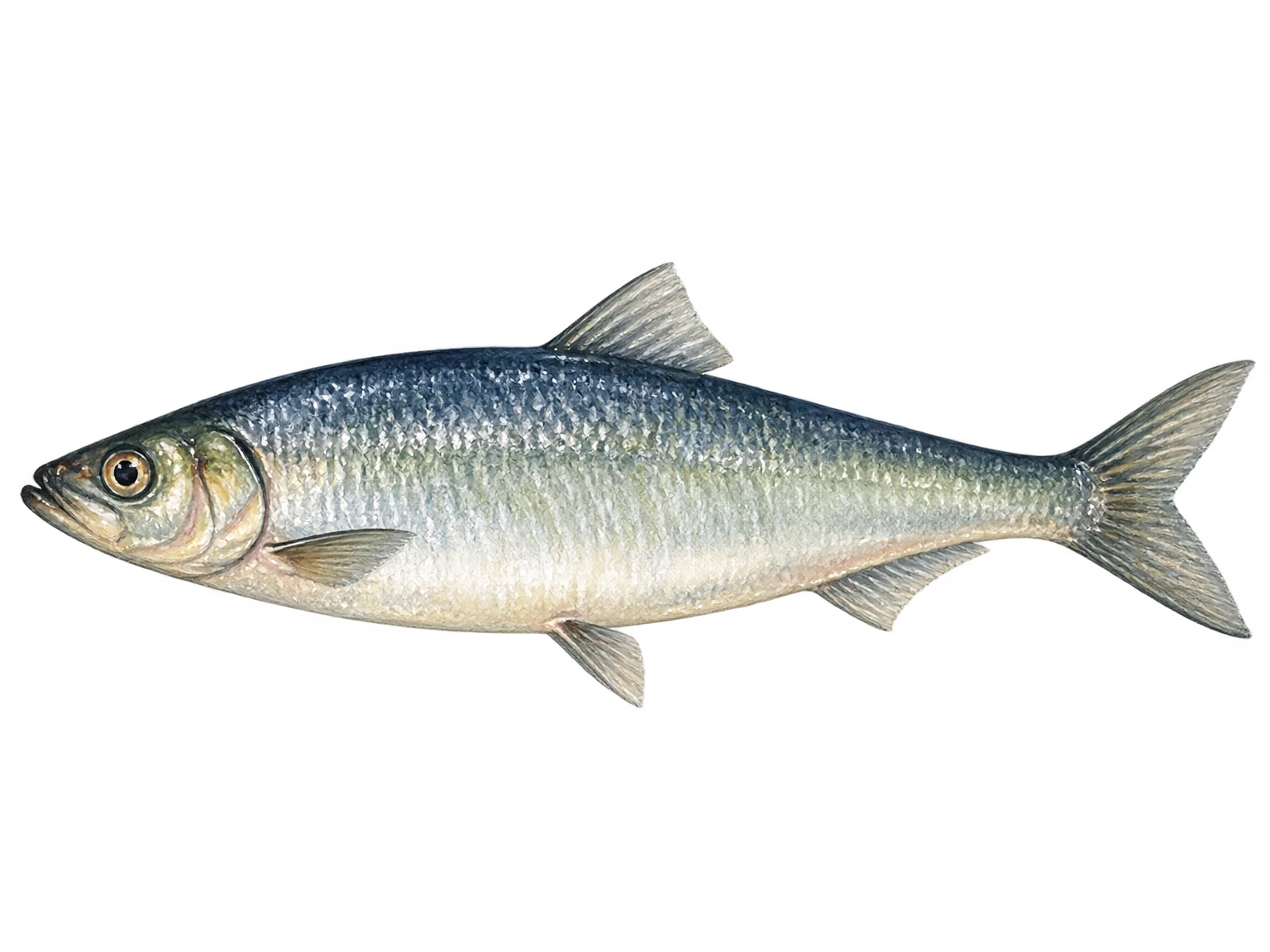 Hand-painted illustration of a whole herring in side view.