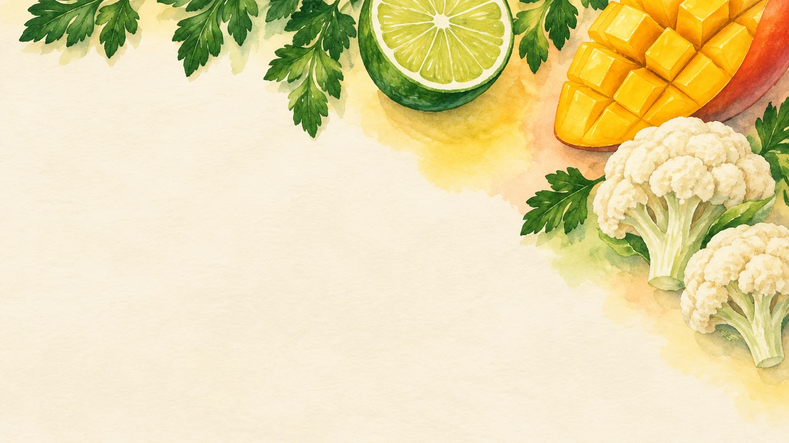 Hand-painted illustration of a lime half, sliced mango, cauliflower florets and parsley.