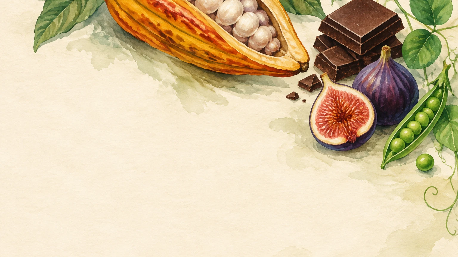 Hand-painted illustration of a cocoa pod, dark chocolate, dried figs and peas.