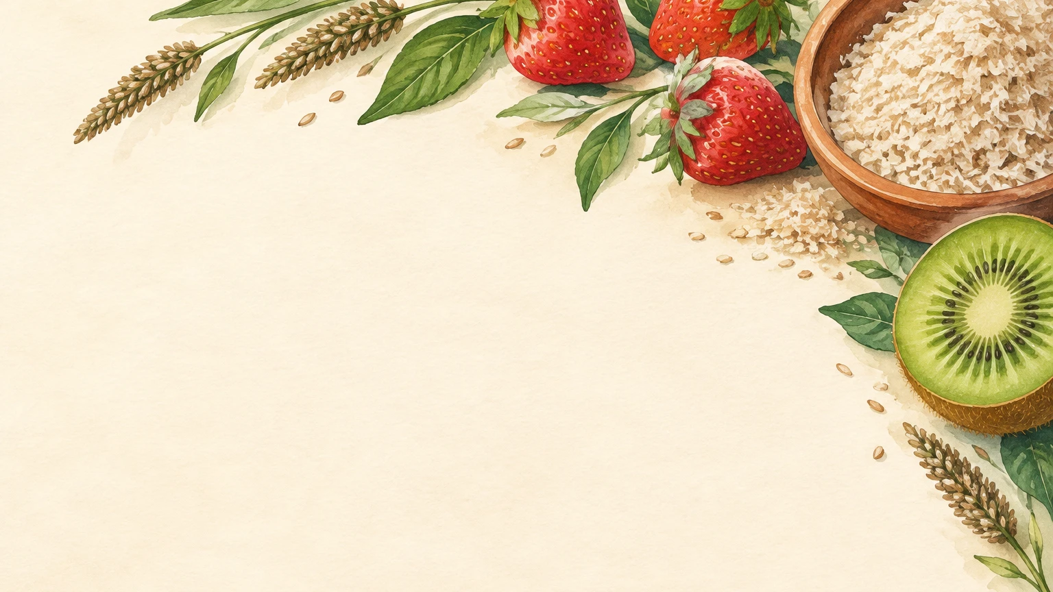 Illustrazione dipinta a mano di bucce di psillio in una ciotola di terracotta, un rametto di psillio, mezzo kiwi e fragole.
