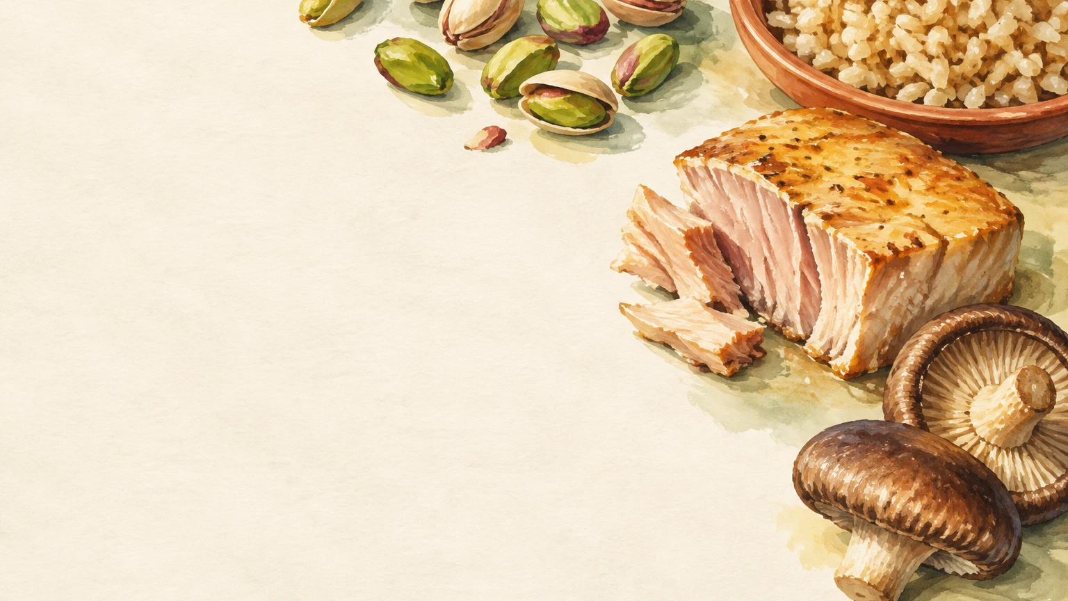 Hand-painted illustration of pistachios, a bowl of brown rice, cooked tuna and shiitake mushrooms.