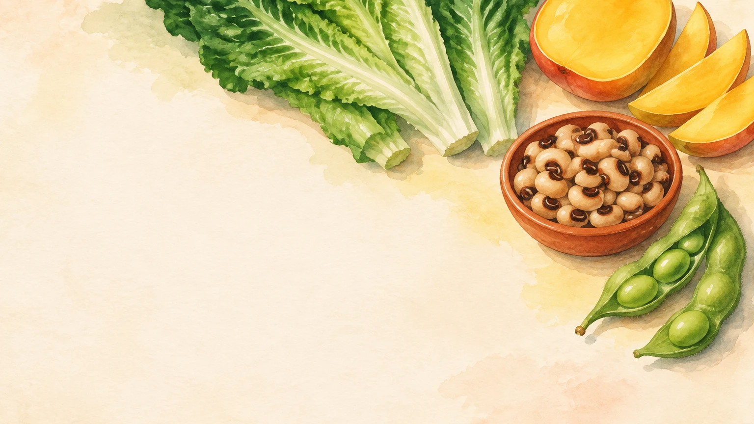 Hand-painted illustration of romaine lettuce, mango, open edamame pods and a bowl of black-eyed peas.