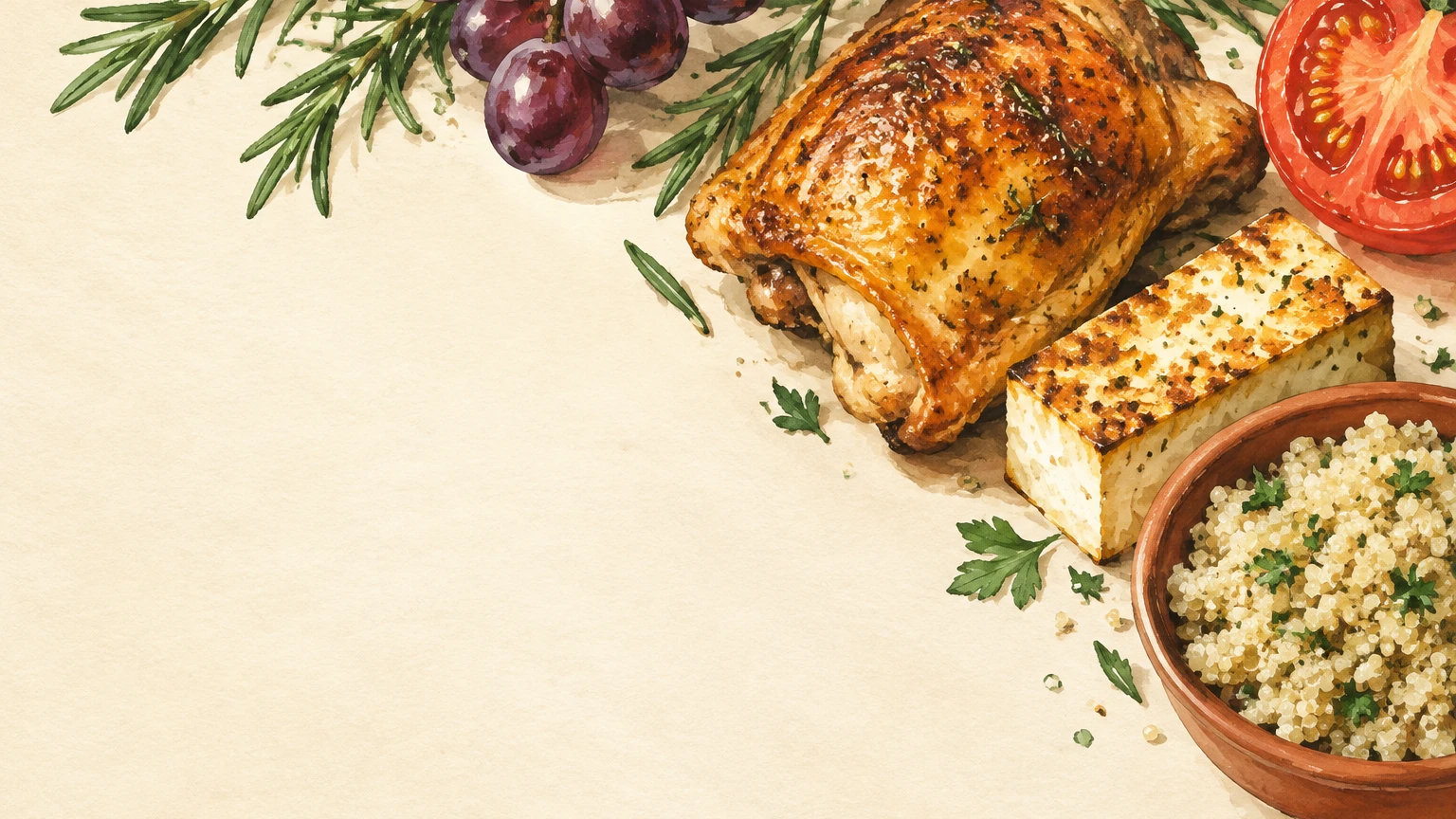 Hand-painted illustration of chicken, tofu, quinoa, tomato, grapes and rosemary.