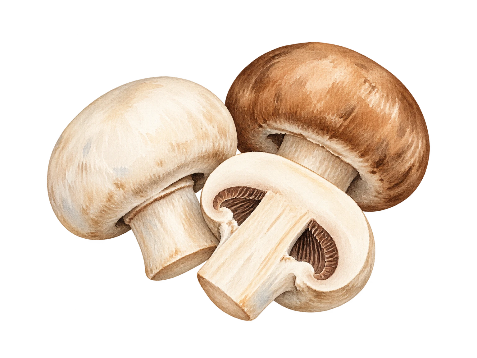 Handgemalte Illustration weißer und brauner Champignons mit einer aufgeschnittenen Hälfte.
