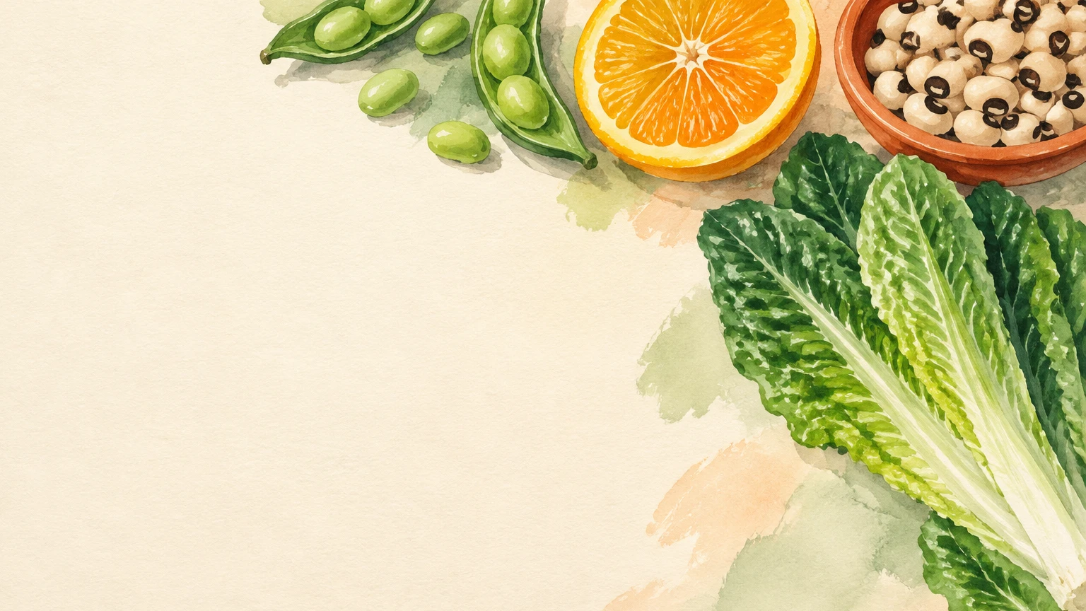 Hand-painted illustration of edamame pods, black-eyed peas in a terracotta dish, romaine lettuce and an orange half.