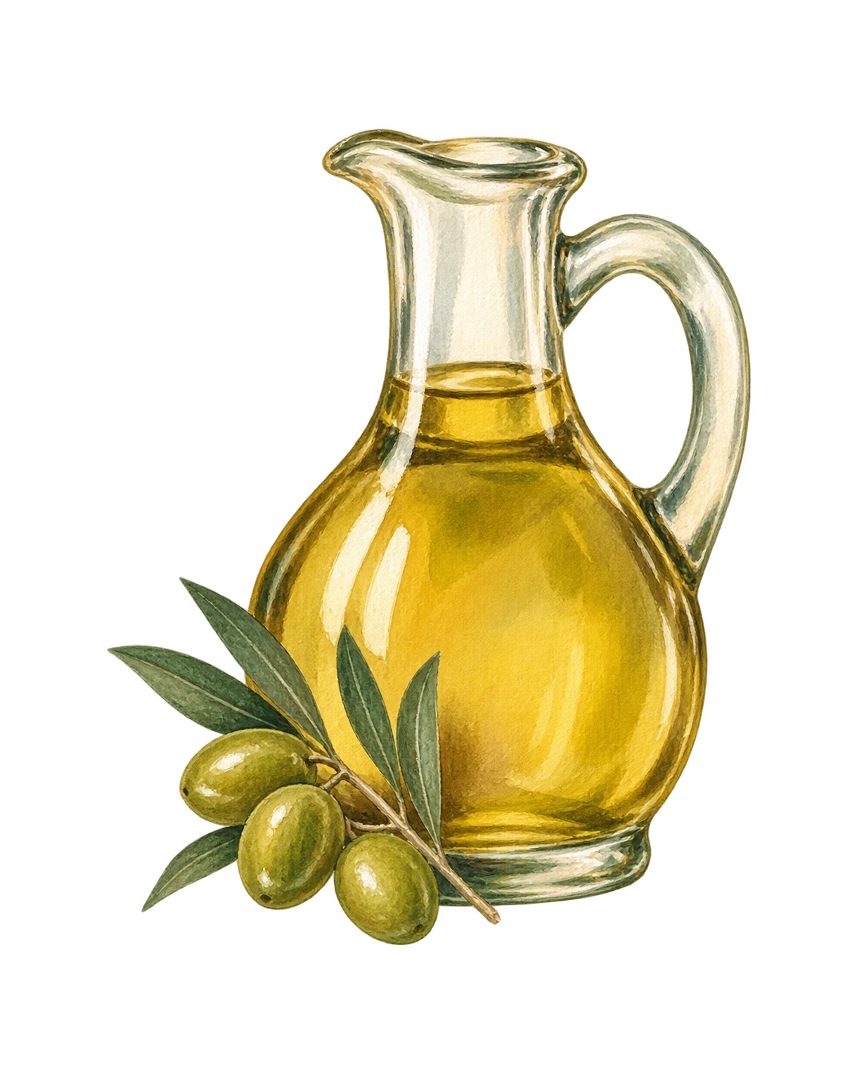 Hand-painted illustration of a glass cruet of olive oil with a small olive sprig.