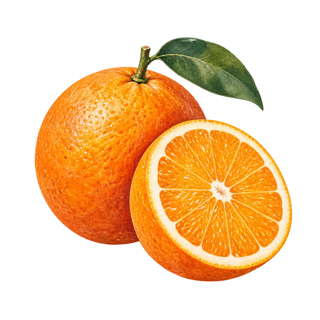 Hand-painted illustration of a whole orange with a leaf and an orange half.