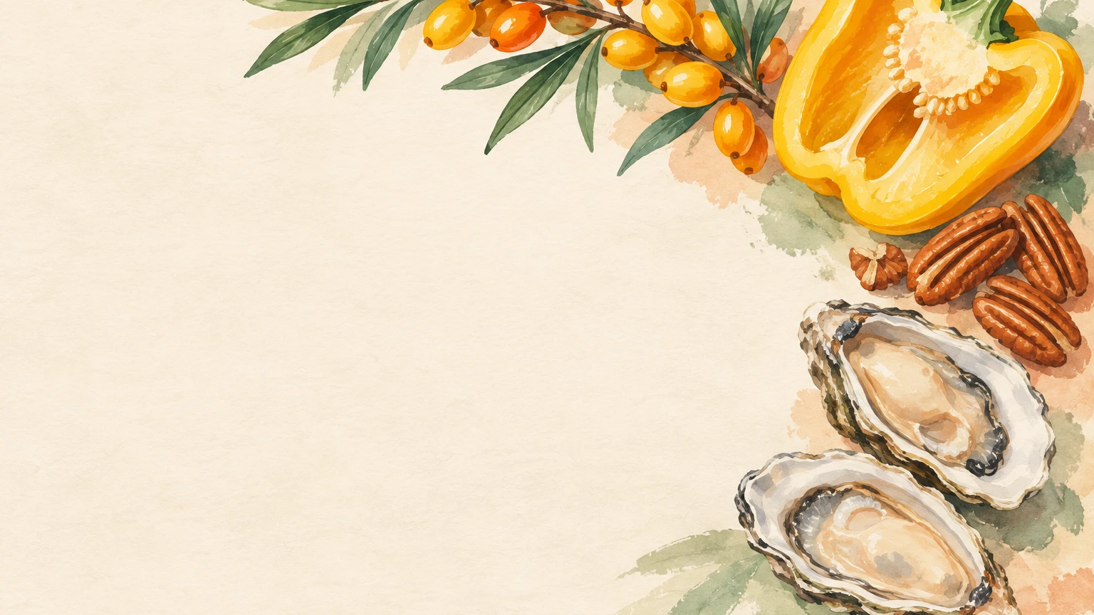 Hand-painted illustration of sea buckthorn, a yellow bell pepper half, open oysters and pecans.