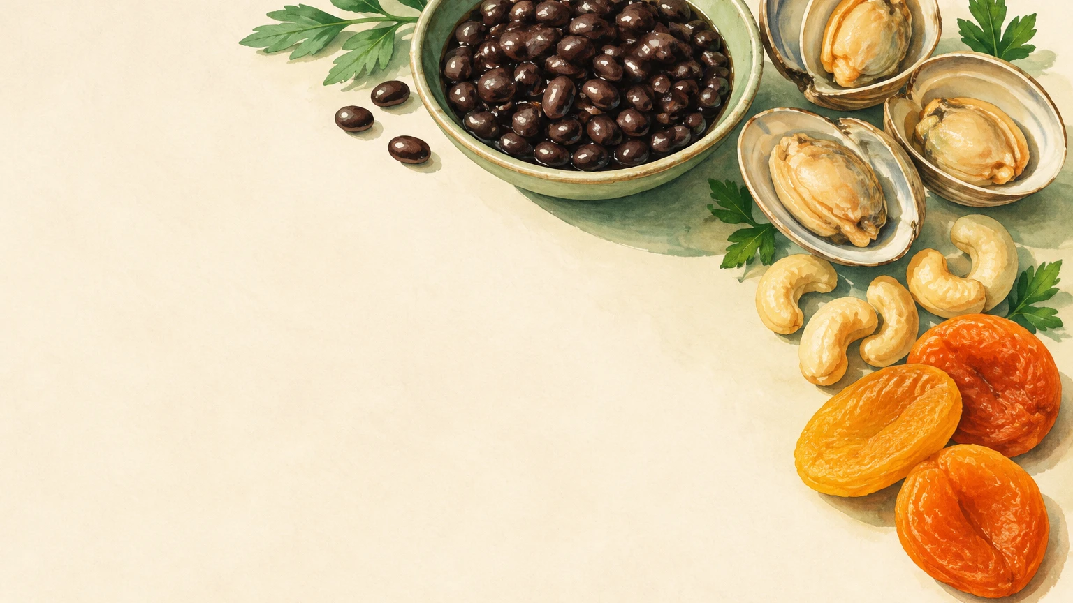 Hand-painted illustration of black beans, open clams, dried apricots and cashews.