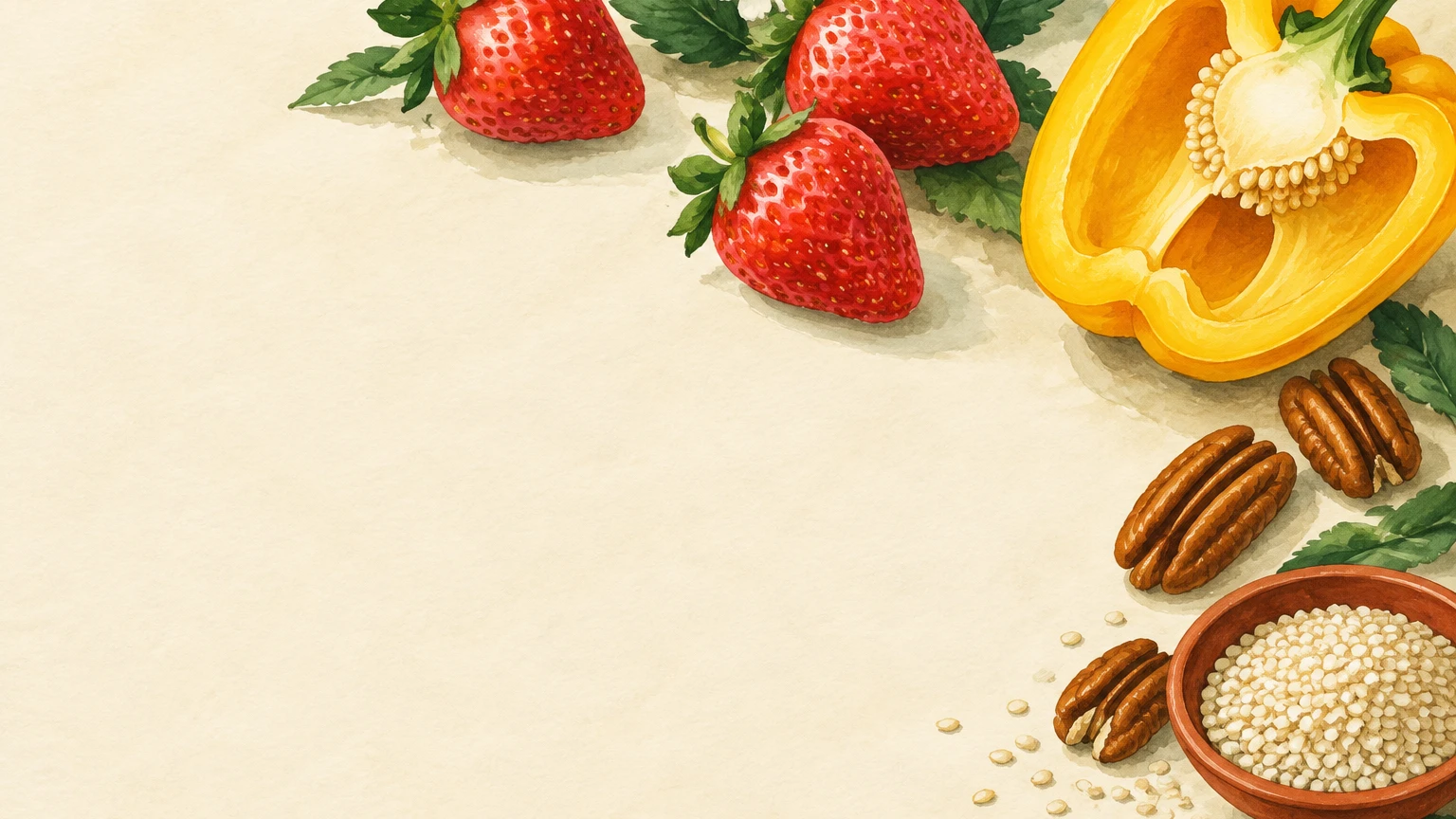 Illustrazione dipinta a mano di fragole, mezzo peperone giallo, noci pecan e una ciotola di semi di sesamo.