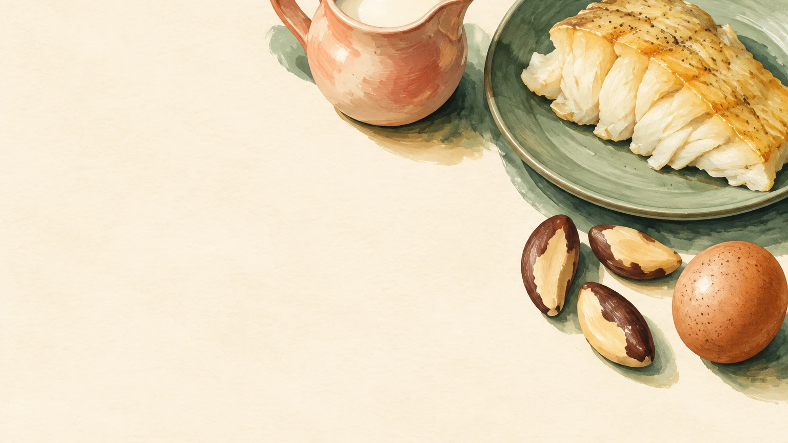 Hand-painted illustration of cod, a jug of milk, Brazil nuts and an egg.