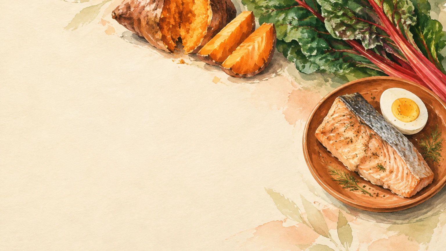 Hand-painted illustration of sweet potato, Swiss chard, cooked trout fillet and a halved egg.
