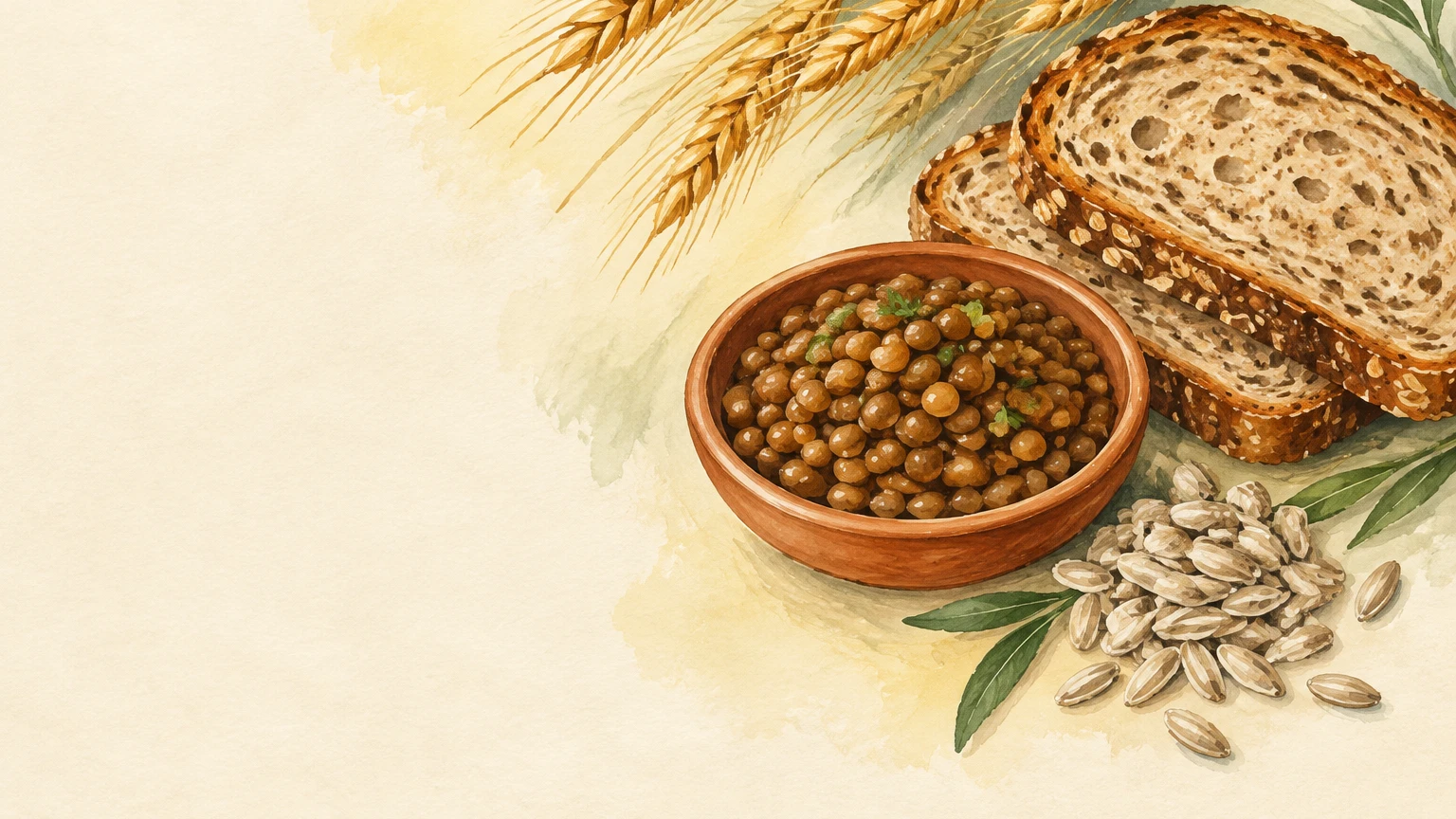 Hand-painted illustration of wholegrain bread, wheat ears, lentils and sunflower seeds.