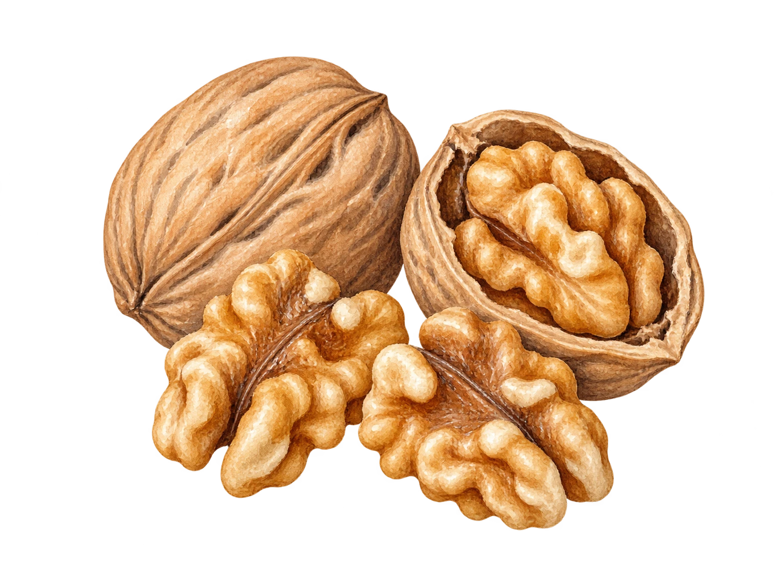 Illustrazione dipinta a mano di una noce intera, una mezza noce aperta e due metà di gheriglio.