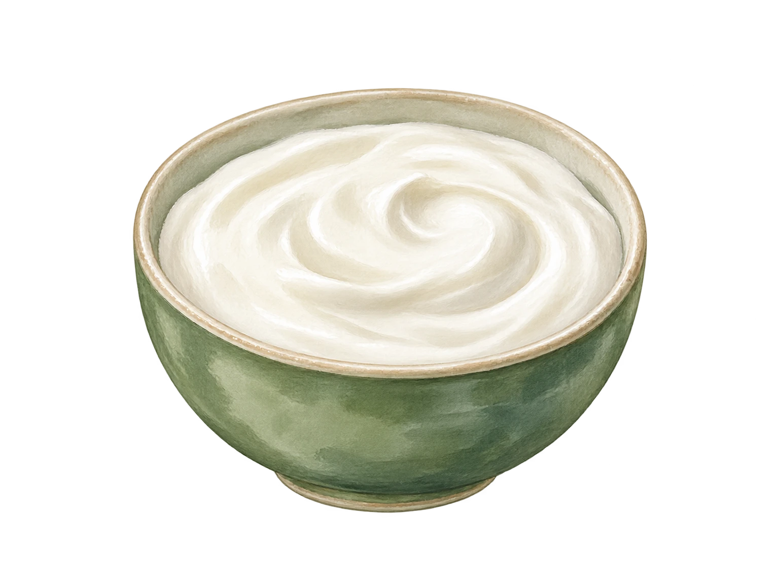 Illustrazione dipinta a mano di una piccola ciotola in ceramica con yogurt bianco.